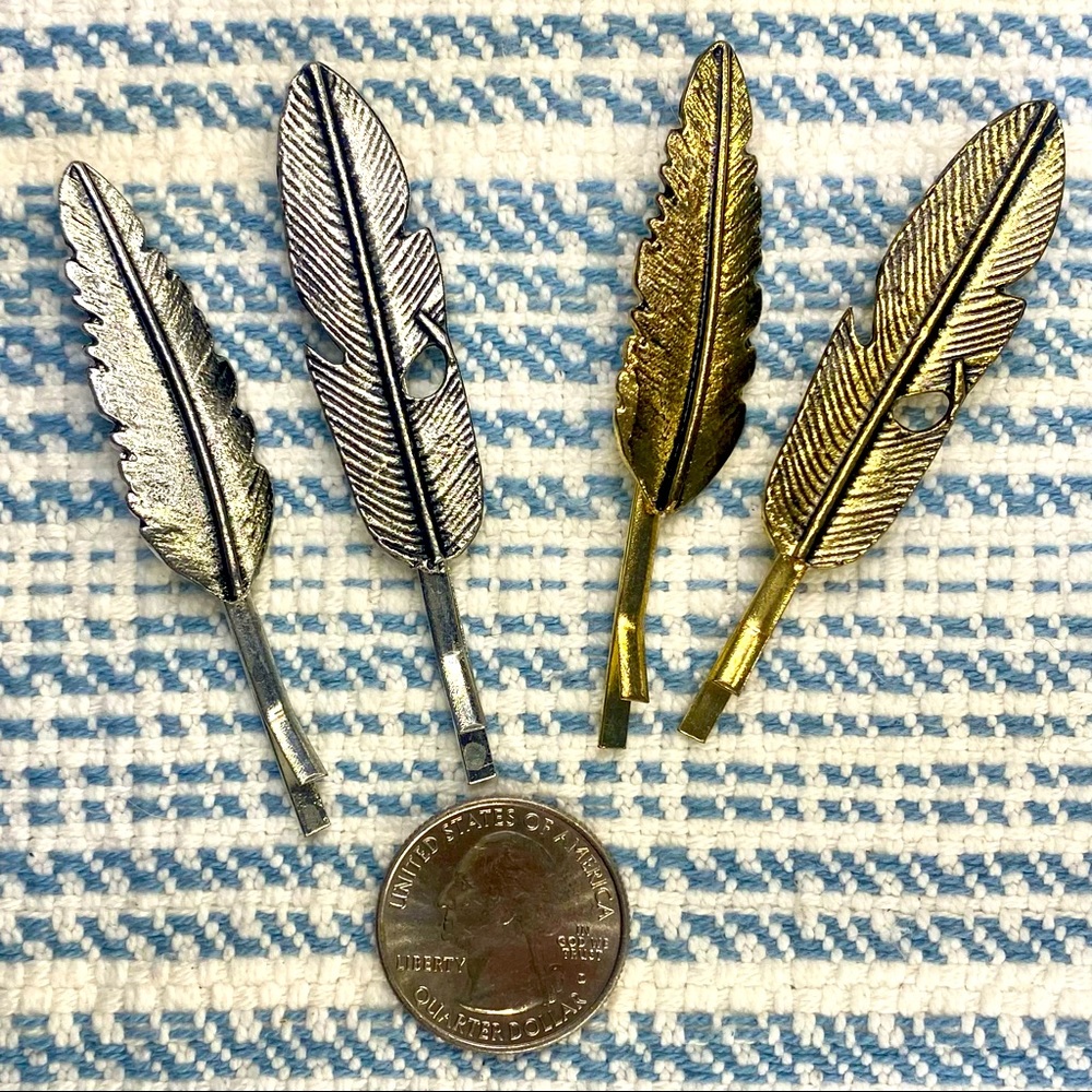 Feather hair bobby pins - Set of 4 silver and gold